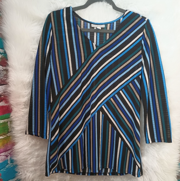 Dana Buchman Blue Green Black White and Tan Striped Long Sleeve V Neck Top L - Picture 3 of 8